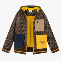 Fendi-Коричневая куртка с цветовыми блоками и принтом FF | Childrensalon Outlet