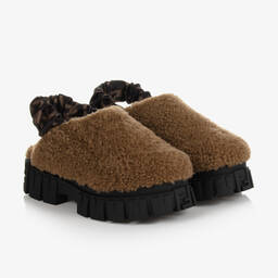Fendi-Teen Girls Brown Slip-On Shearling Mules | Childrensalon Outlet