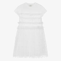 Fendi-فستان تينز بناتي قطن وتول لون أبيض | Childrensalon Outlet