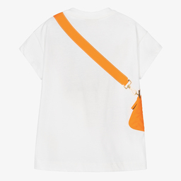 فندي-تيشيرت قطن لون أبيض وبرتقالي للبنات | Childrensalon Outlet