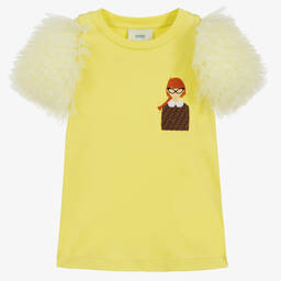 Fendi-Yellow Cotton & Tulle T-Shirt | Childrensalon Outlet