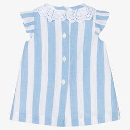 Foque-Baby Girls White & Blue Striped Cotton Dress | Childrensalon Outlet