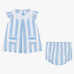 Foque-Baby Girls White & Blue Striped Cotton Dress | Childrensalon Outlet