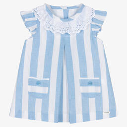 Foque-Baby Girls White & Blue Striped Cotton Dress | Childrensalon Outlet