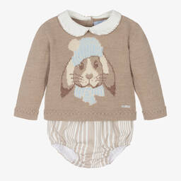 Foque-Beige Knitted Bunny Shorts Set  | Childrensalon Outlet