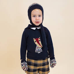 Foque-قبعة وقفازات مزيج صوف محبوك لون كحلي للأولاد | Childrensalon Outlet