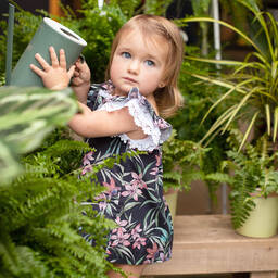 فوكيه-فستان قطن لون أزرق بطبعة ورود للبنات | Childrensalon Outlet