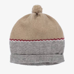 فوكيه-قبعة بوم-بوم مزيج صوف محبوك لون بيج ورمادي | Childrensalon Outlet