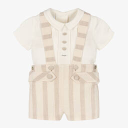 Foque-Boys Beige Stripe Cotton Shorts Set | Childrensalon Outlet