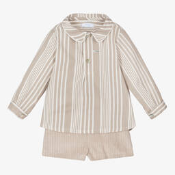 Foque-Boys Beige Striped Shorts Set | Childrensalon Outlet
