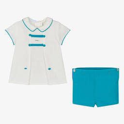 فوكيه-بِدلة رسمية قطن وكتان لون عاجي وأزرق تركواز | Childrensalon Outlet