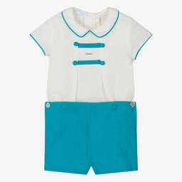 فوكيه-بِدلة رسمية قطن وكتان لون عاجي وأزرق تركواز | Childrensalon Outlet