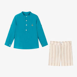 فوكيه-طقم شورت قطن لون أزرق وبيج للأولاد | Childrensalon Outlet