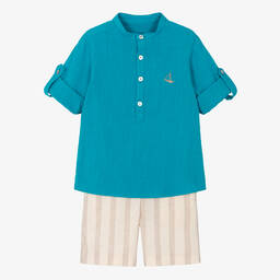 فوكيه-طقم شورت قطن لون أزرق وبيج للأولاد | Childrensalon Outlet