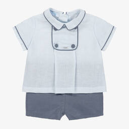 Foque-طقم شورت أطفال ولادي قطن وكتان لون أزرق وأبيض | Childrensalon Outlet