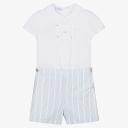 Foque-طقم شورت مزيج قطن وكتان لون أزرق وأبيض للأولاد | Childrensalon Outlet