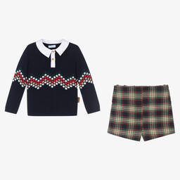 Foque-Boys Blue Tartan Knit Shorts Set | Childrensalon Outlet
