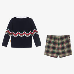 Foque-Boys Blue Tartan Knit Shorts Set | Childrensalon Outlet
