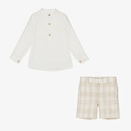 Foque-Boys Ivory & Beige Check Linen Shorts Set | Childrensalon Outlet