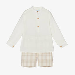 Foque-Boys Ivory & Beige Check Linen Shorts Set | Childrensalon Outlet