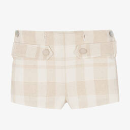 فوكيه-طقم شورت مزيج قطن وكتان كاروهات لون عاجي وبيج | Childrensalon Outlet