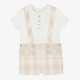 فوكيه-طقم شورت مزيج قطن وكتان كاروهات لون عاجي وبيج | Childrensalon Outlet