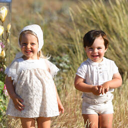 فوكيه-طقم شورت مزيج قطن وكتان كاروهات لون عاجي وبيج | Childrensalon Outlet