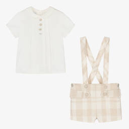 فوكيه-طقم شورت مزيج قطن وكتان كاروهات لون عاجي وبيج | Childrensalon Outlet