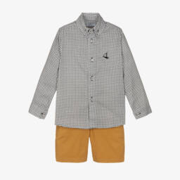 Foque-Boys Plaid Shirt and Beige Shorts Set | Childrensalon Outlet
