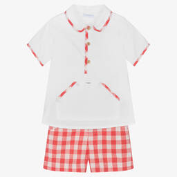 فوكيه-طقم شورت قطن بوبلين لون أبيض وأحمر للأولاد | Childrensalon Outlet
