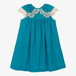 Foque-Girls Blue Cotton Lace Frill Dress | Childrensalon Outlet