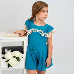 فوكيه-بلاي سوت قطن مزين بدانتيل لون أزرق للبنات | Childrensalon Outlet