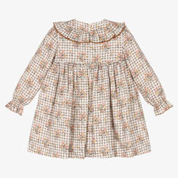 Foque-Girls Brown Check & Floral Cotton Dress | Childrensalon Outlet