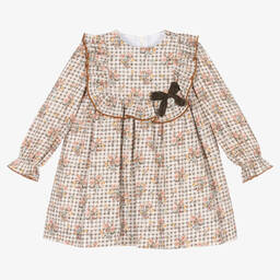 Foque-Girls Brown Check & Floral Cotton Dress | Childrensalon Outlet