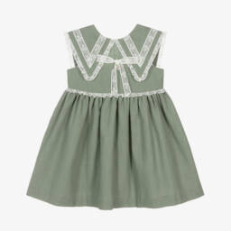 Foque-Girls Emerald Linen & Cotton Frock with Lace Accents | Childrensalon Outlet