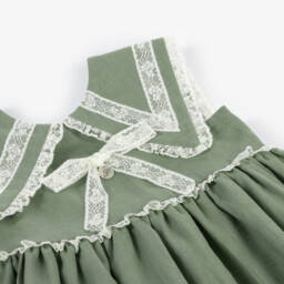 Foque-Girls Emerald Linen & Cotton Frock with Lace Accents | Childrensalon Outlet