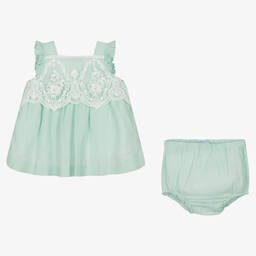 Foque-Girls Green Cotton Dress Set | Childrensalon Outlet