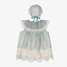 Foque-طقم فستان قطن مطرز بدانتيل لون أخضر وعاجي | Childrensalon Outlet