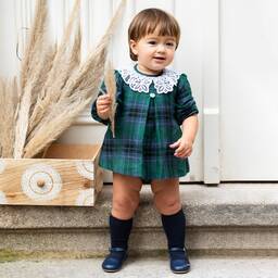فوكيه-فستان مزيج قطن تويل تارتان لون أخضر | Childrensalon Outlet