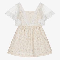 فوكيه-فستان قطن ودانتيل لون بيج وعاجي مطرز بورود | Childrensalon Outlet
