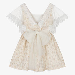 فوكيه-فستان قطن ودانتيل لون بيج وعاجي مطرز بورود | Childrensalon Outlet