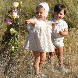 Foque-Girls Ivory & Beige Floral Lace Dress Set | Childrensalon Outlet