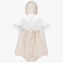 Foque-Girls Ivory & Beige Floral Lace Dress Set | Childrensalon Outlet