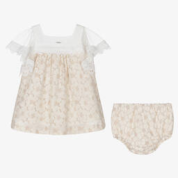 Foque-Girls Ivory & Beige Floral Lace Dress Set | Childrensalon Outlet
