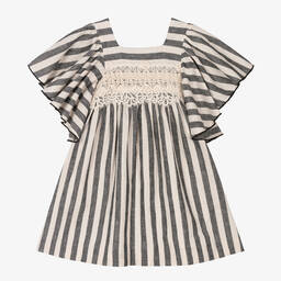 فوكيه-فستان كتان مقلم لون عاجي وأسود للبنات | Childrensalon Outlet