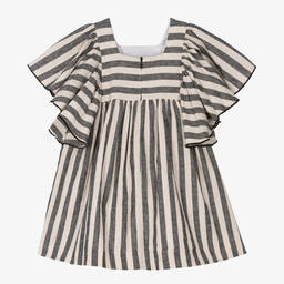 فوكيه-فستان كتان مقلم لون عاجي وأسود للبنات | Childrensalon Outlet