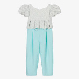 فوكيه-طقم بنطلون بروكار لون عاجي وأزرق للبنات | Childrensalon Outlet