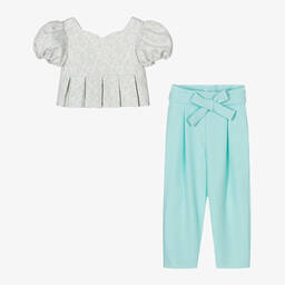 فوكيه-طقم بنطلون بروكار لون عاجي وأزرق للبنات | Childrensalon Outlet