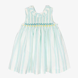 Foque-Girls Ivory & Green Striped Smocked Dress | Childrensalon Outlet