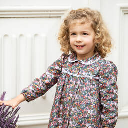 فوكيه-فستان قطن تويل لون زهري وبنفسجي بطبعة ورود | Childrensalon Outlet